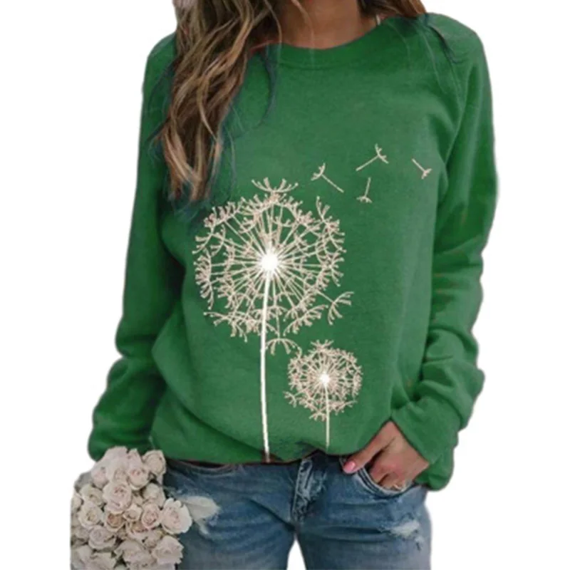 

2021 Fall Winter Hot Sale Dandelion Print Round Neck Long Sleeve Loose Casual Pullover-Sweatshirt Women