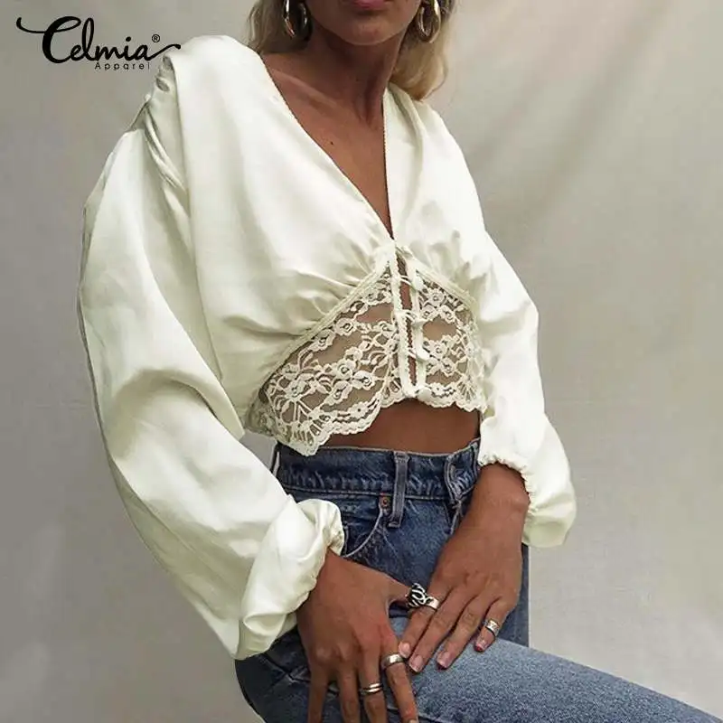 

Celmia 2022 Fashion Women Satin Blouses Sexy Lantern Long Sleeve Lace Shirts V-neck Casual Elegant Office Elegant Blusas Femme