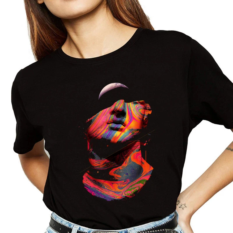 

Футболка женская с круглым вырезом, Модный мягкий пуловер в Корейском стиле, с принтом красочной Луны и сломанной памяти, в стиле Харадзюку, ...