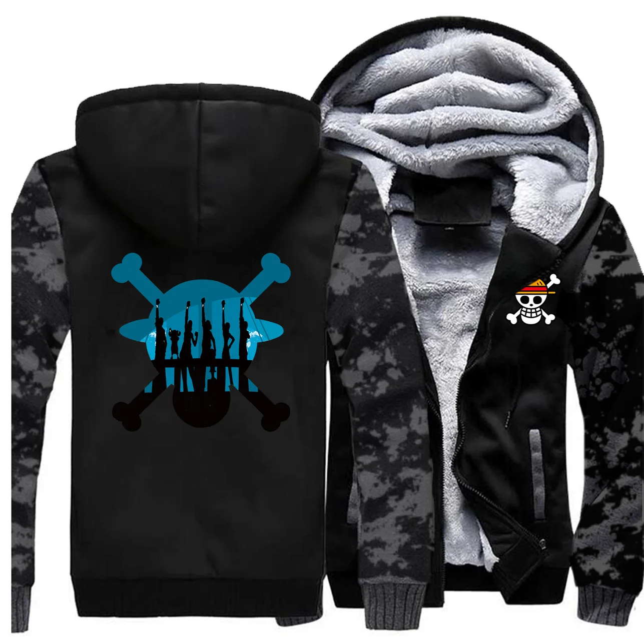

One Piece The Straw Hat Pirates Jackets Men Hoodies Sweatshirt Winter Thick Feece Zipper Coat Sportswear Camo Outwear Plus Size