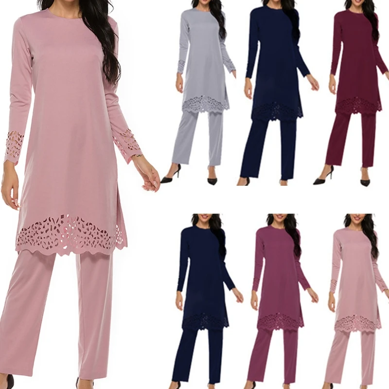 

Abayas for Women Muslim Solid Color Dress 2 Pieces Outfit Hollow Out Split Long Sleeve Tunic Tops Pants Set Hijab Robe Kaftan