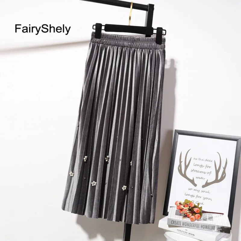 Серый FairyShely, бархатная плиссированная длинная юбка для женщин, Осень-зима, эластичная лента, высокая талия, Теплая юбка, черная, макси, офисная юбка - Цвет: Серый