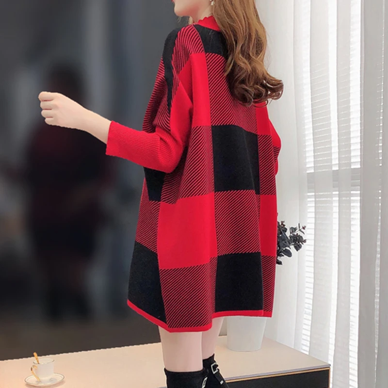 

CHICEVER Plaid Sweaters For Women Turtleneck Batwing Long Sleeve Hit Color Oversized Cloak Knitted Pullovers Female 2021 Autumn