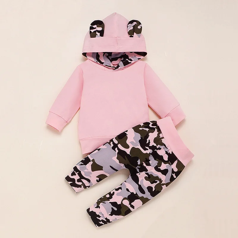 

Baby Girl Clothes Toddler Newborn Pink Pantchwork Hooded Long Sleeve Top Clothing Outfit Set Camouflage Pants Autumn Clothes