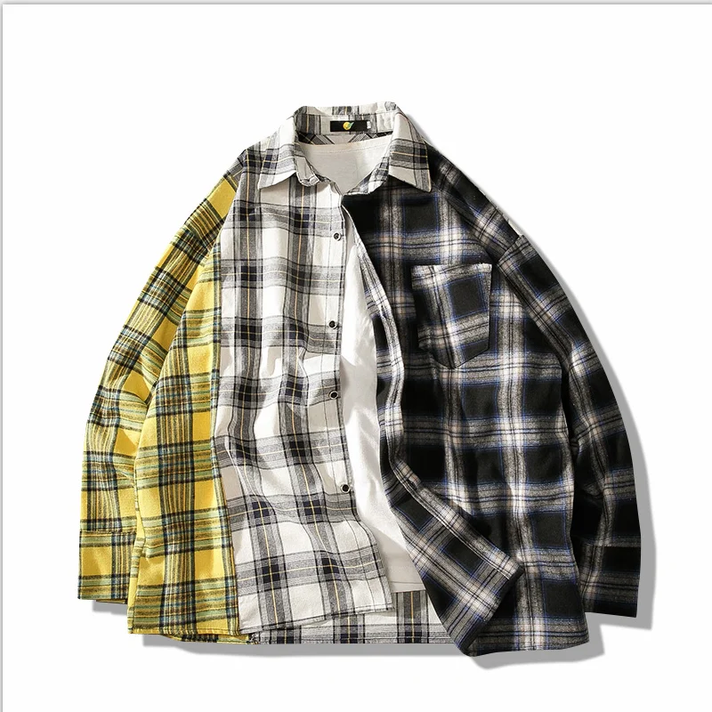 

Men's oversized cotton checked shirt 2020 men's hip hop stitched button down long sleeve shirt