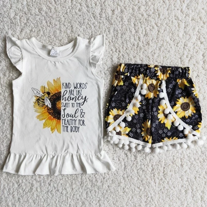 

Wholesale Baby Girl Summer Clothes Children White Short Sleeve Bee Shirt Sunflower Pompom Thread Shorts Set Kids Fashion Outfit