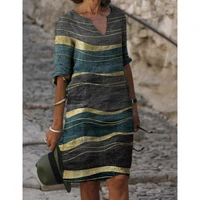 elegant vintage striped printed dress for womens clothing 2021autumn new loose casual v neck midi dresses ladies robe oversized