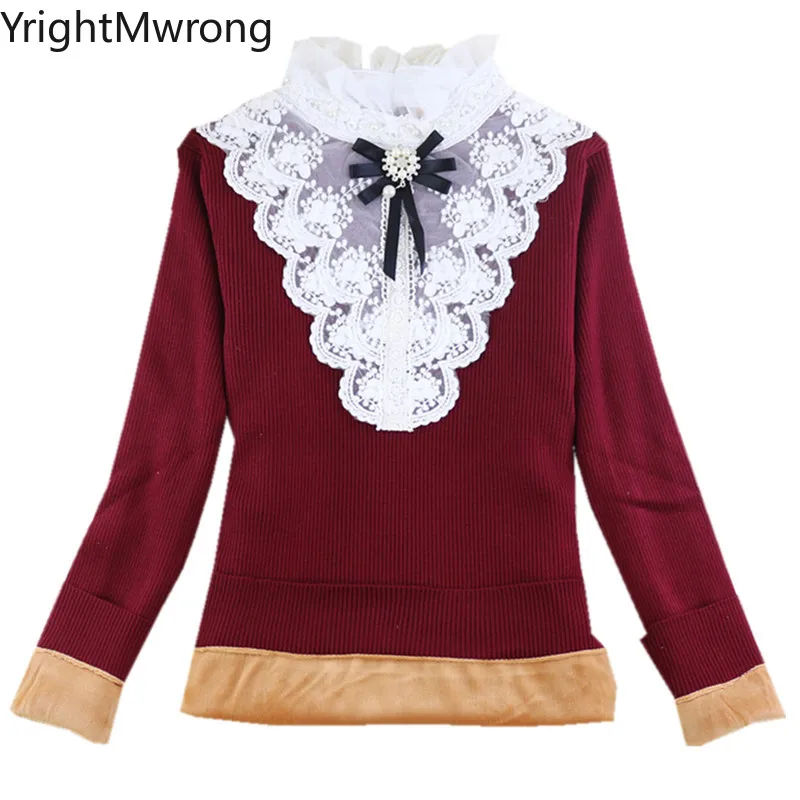 High Neck Bow Warm Fleece Slim Stretch Knit Ruffle Lace Pearls Flower Red Pink Black White Sweater Cute Pullover Winter Fall Top | Женская