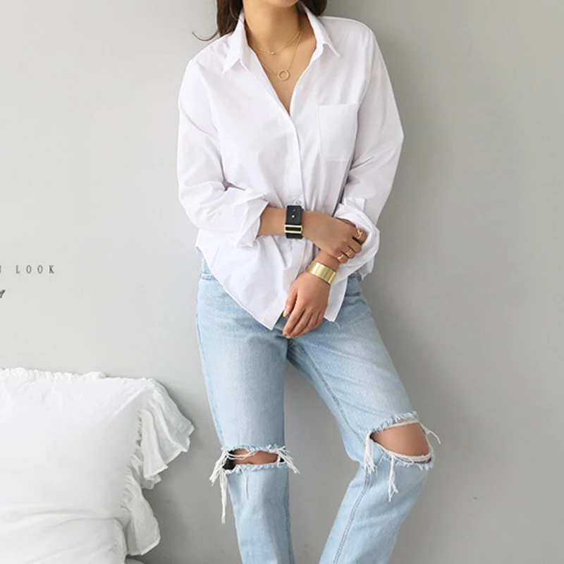 

2020 One Pocket White Blusas Shirt Female Blouse Tops Long Sleeve Casual Turn-down Collar OL Style Women Loose Blouses Blusas