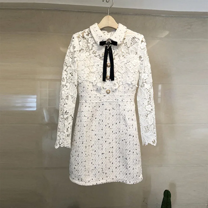 Женское твидовое платье с длинным рукавом кружевное вырезами и бусинами на шее