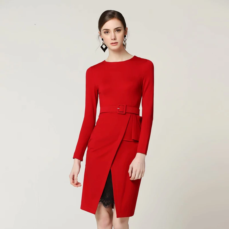 Красное Кружевное соблазнительное платье с разрезом и поясом оборками в