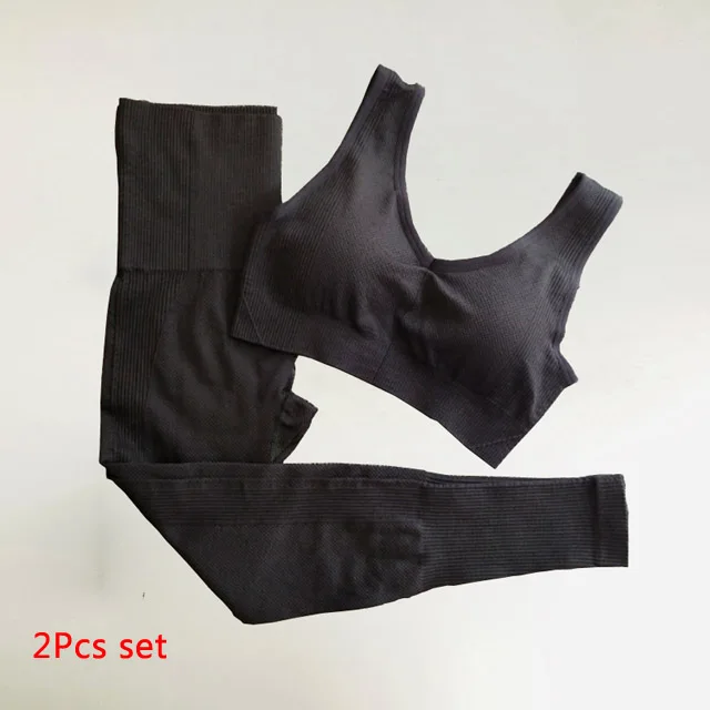 Black 2pcs set Комплект из 2 предметов, бесшовный комплект для йоги, женская одежда для спортзала фитнеса, леггинсы с высокой талией, спортивный бюстгальтер, спортивная одежда для бега - Цвет: Black 2pcs set