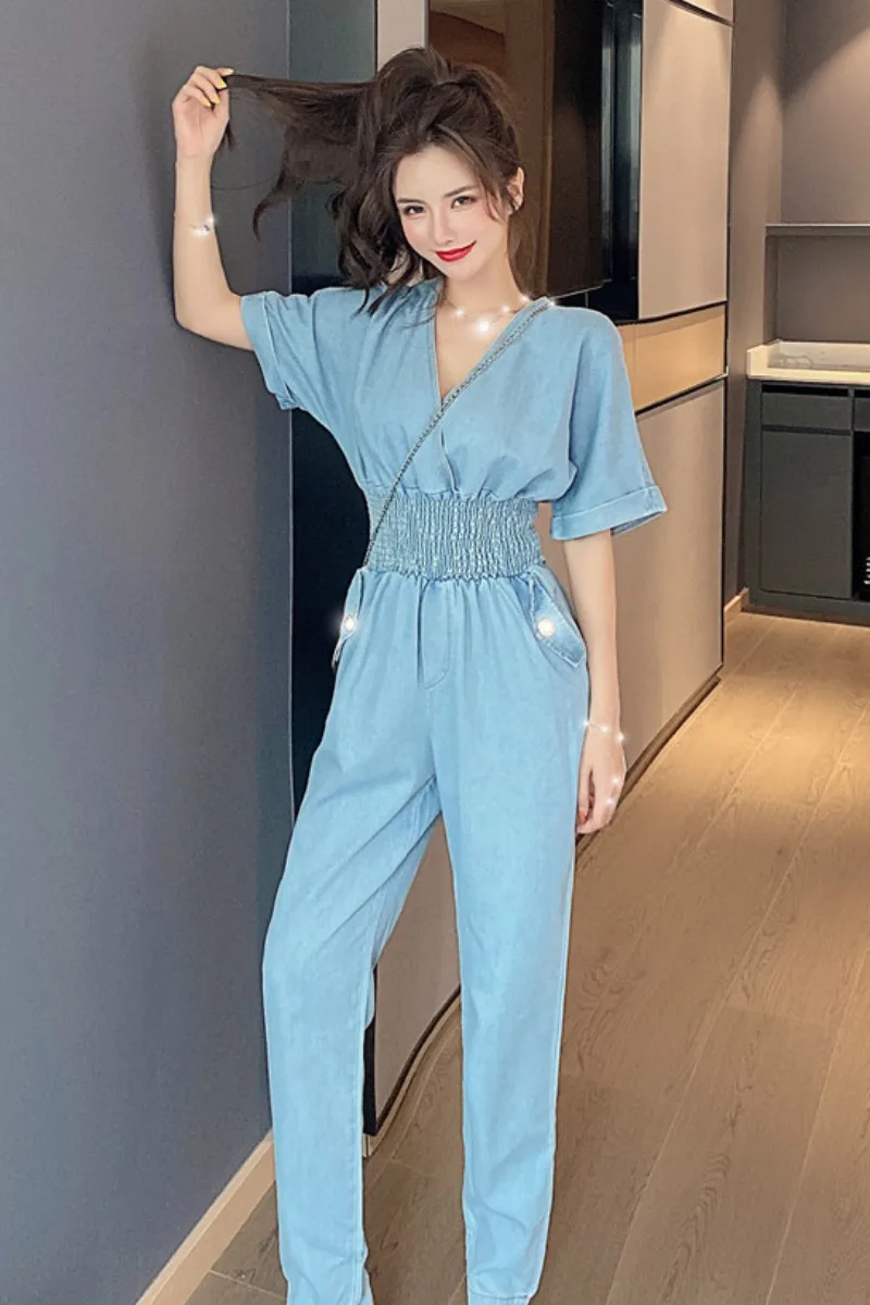 

Jumpsuit Women's Clothes New Korean Style V-neck Elastic And Tight Waist Short Sleeve Denim Jumpsuit In Summer 2020