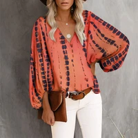 2021 summer fashion women sexy casual loose long sleeve tee shirts v neck tie dye print lantern sleeve top for daily