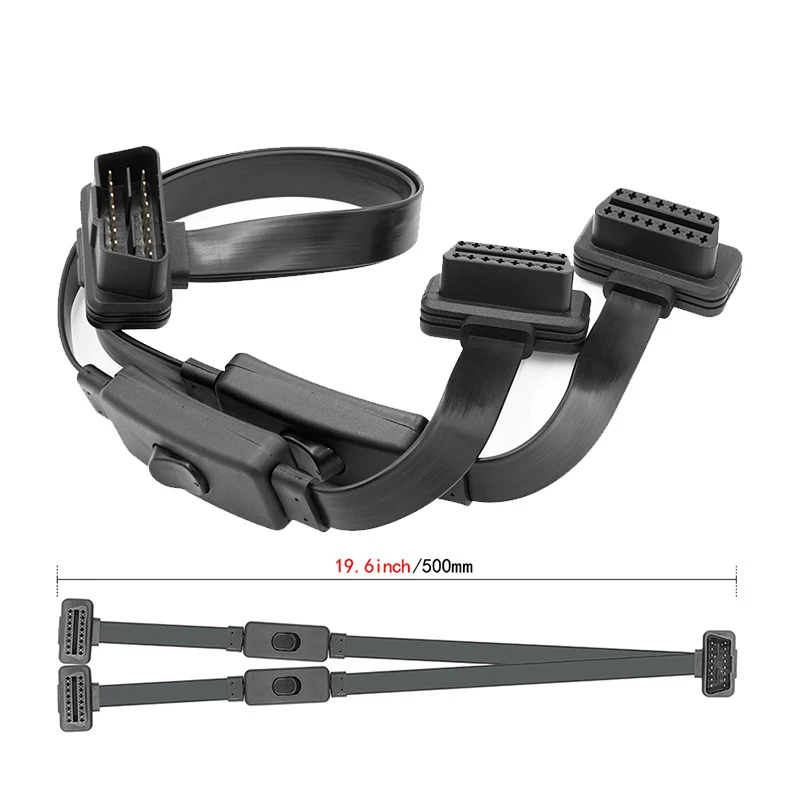 1 IN 2 Converted Flat Male to Dual Female Elbow 16Pin OBD Splitter Extension Cable OBD2 With Switch On Off |