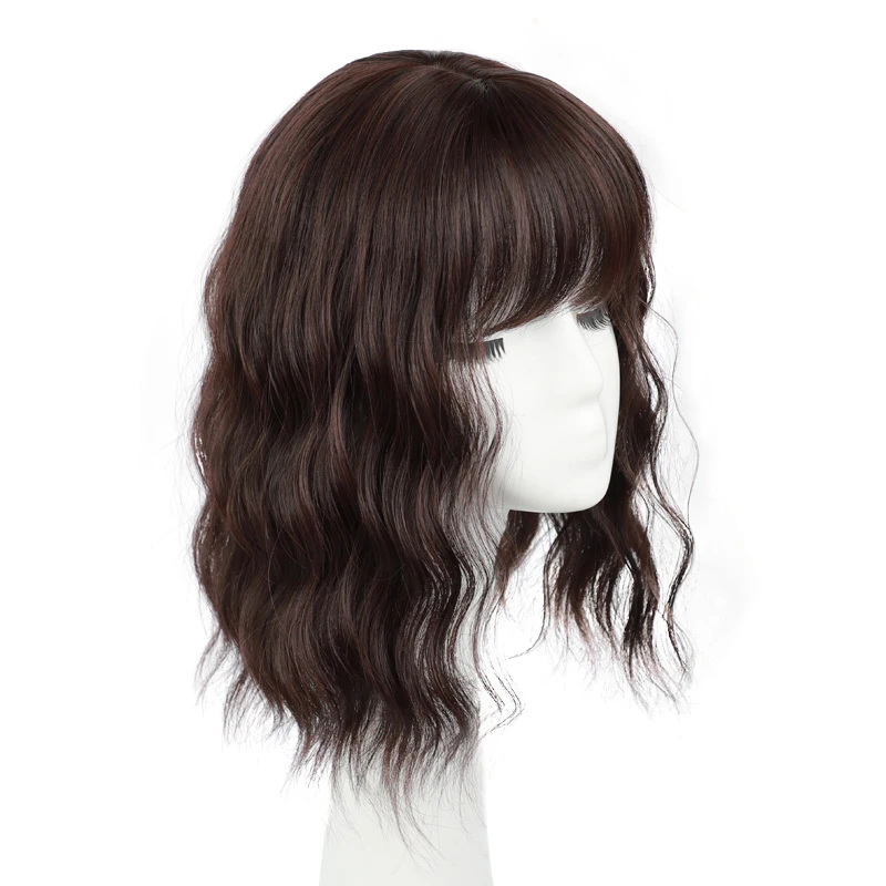 

LANLAN Brown/Black Synthetic Hairpieces with Bangs 2 Clip in Hair Pieces Water Wavy Hair for Women Thinning Hair Heat Resistant