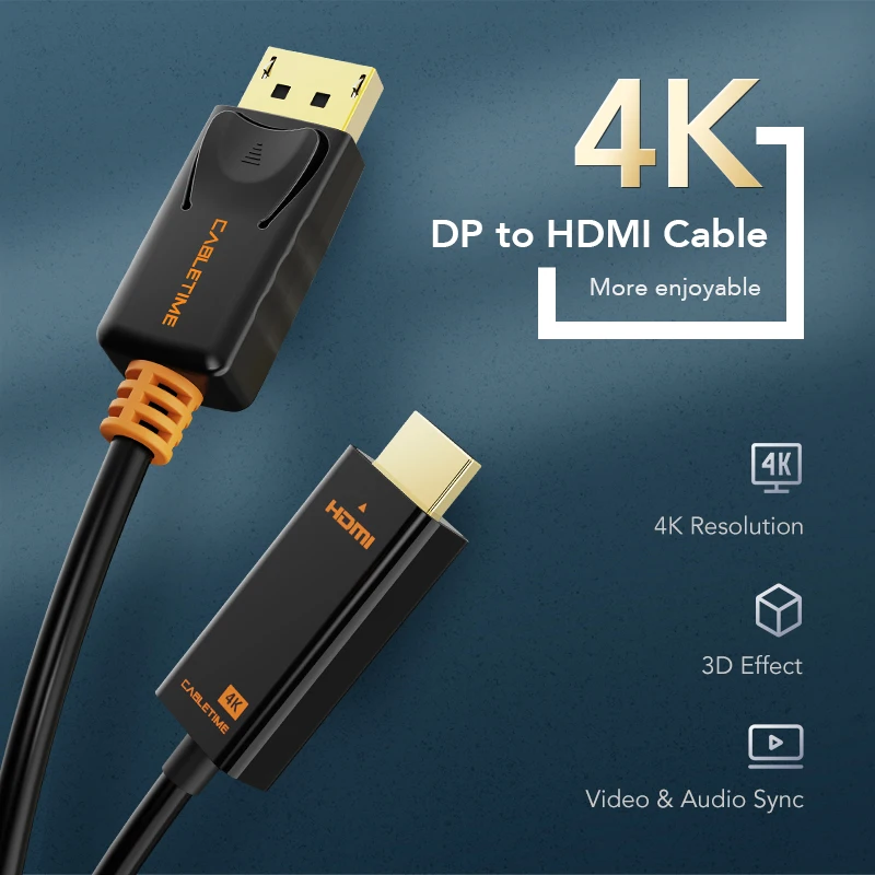 Cabletime DisplayPort-HDMI-совместимый кабель DP-HDMI-совместимый 4K60hz конвертер DisplayPort 1 2 для HDTV - Фото №1