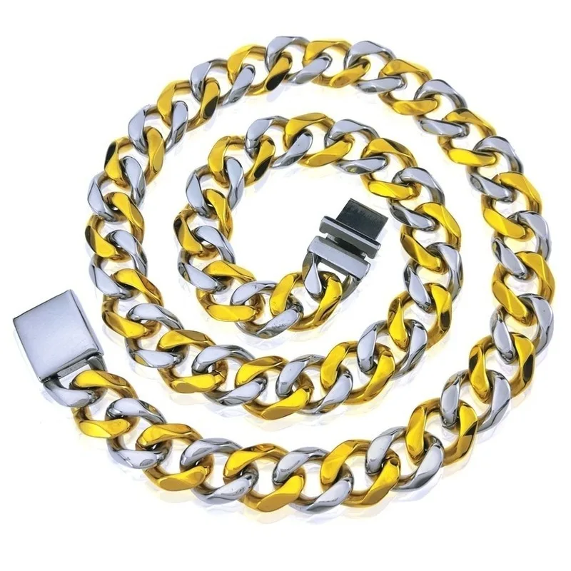 

316L stainless steel Solid Silver interval gold tone Men 20-36inch Length necklace Curb Chain