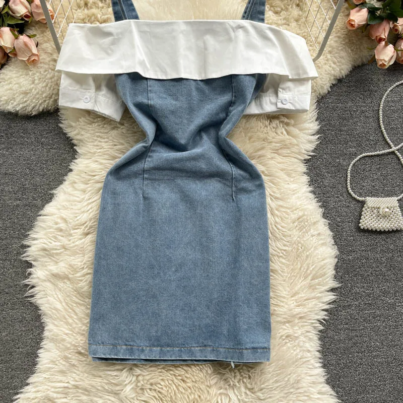 

Sweet dress female design sense niche fake two-piece scheming hollow strapless one-word collar retro denim suspender skirt