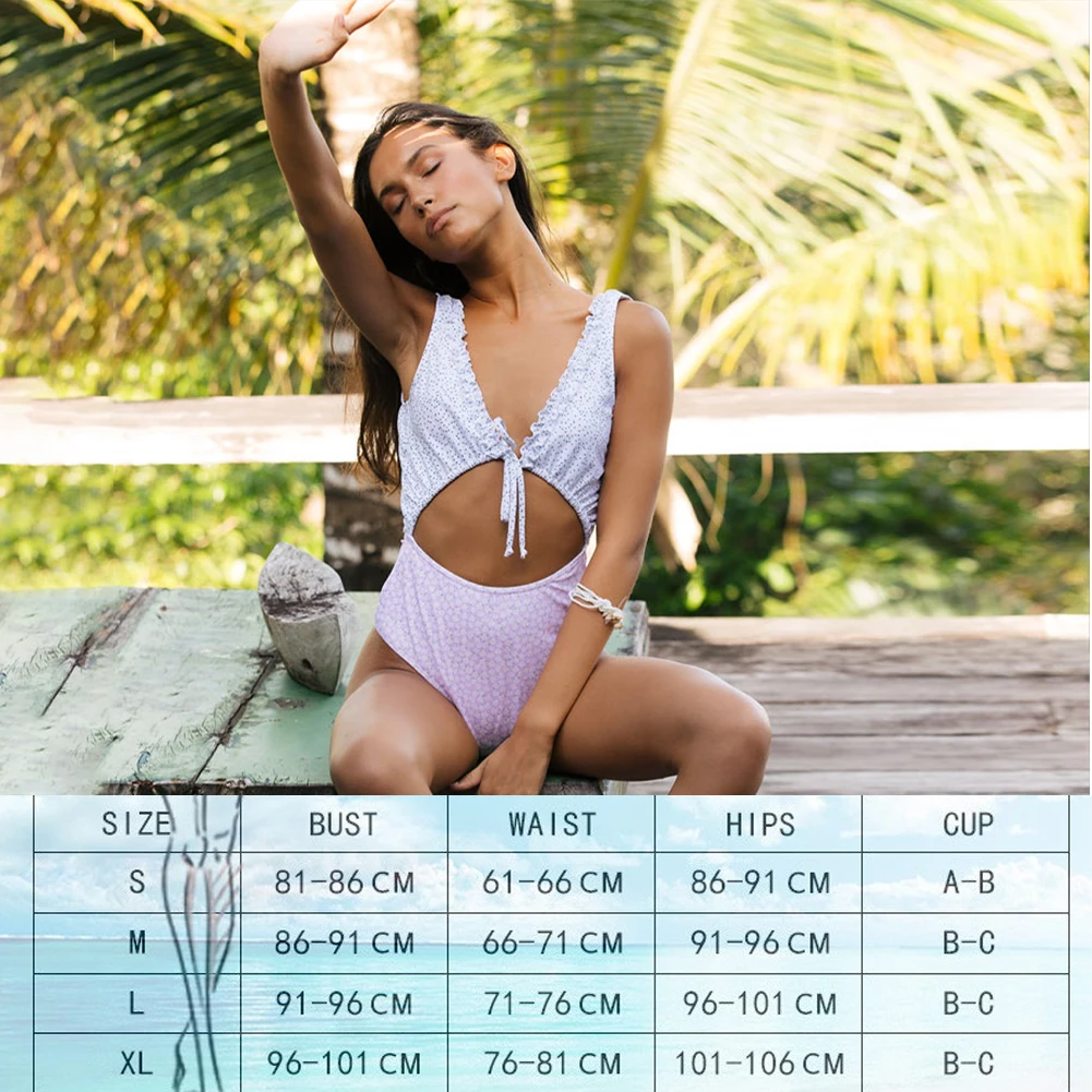 

Women's one-piece multicolor swimsuit with wood ears, hollow and padded, high-breasted swimsuit, beachwear, one-piece bikini