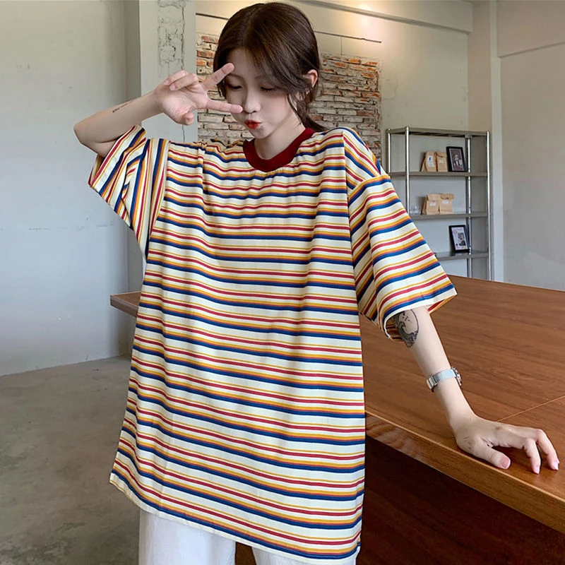 

Plus Size Tops Striped Print Short Sleeve Women T Shirt Summer Loose Korean Fashion Clothing Student Girl Harajuku Vintage Sale