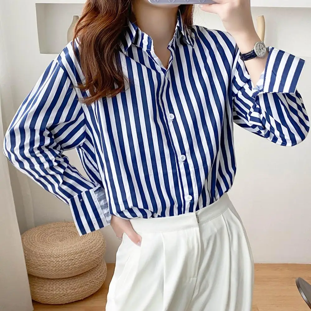 

Women Long Sleeve Blouse Striped Shirt Lapel 2020 Autumn Female Casual Tops