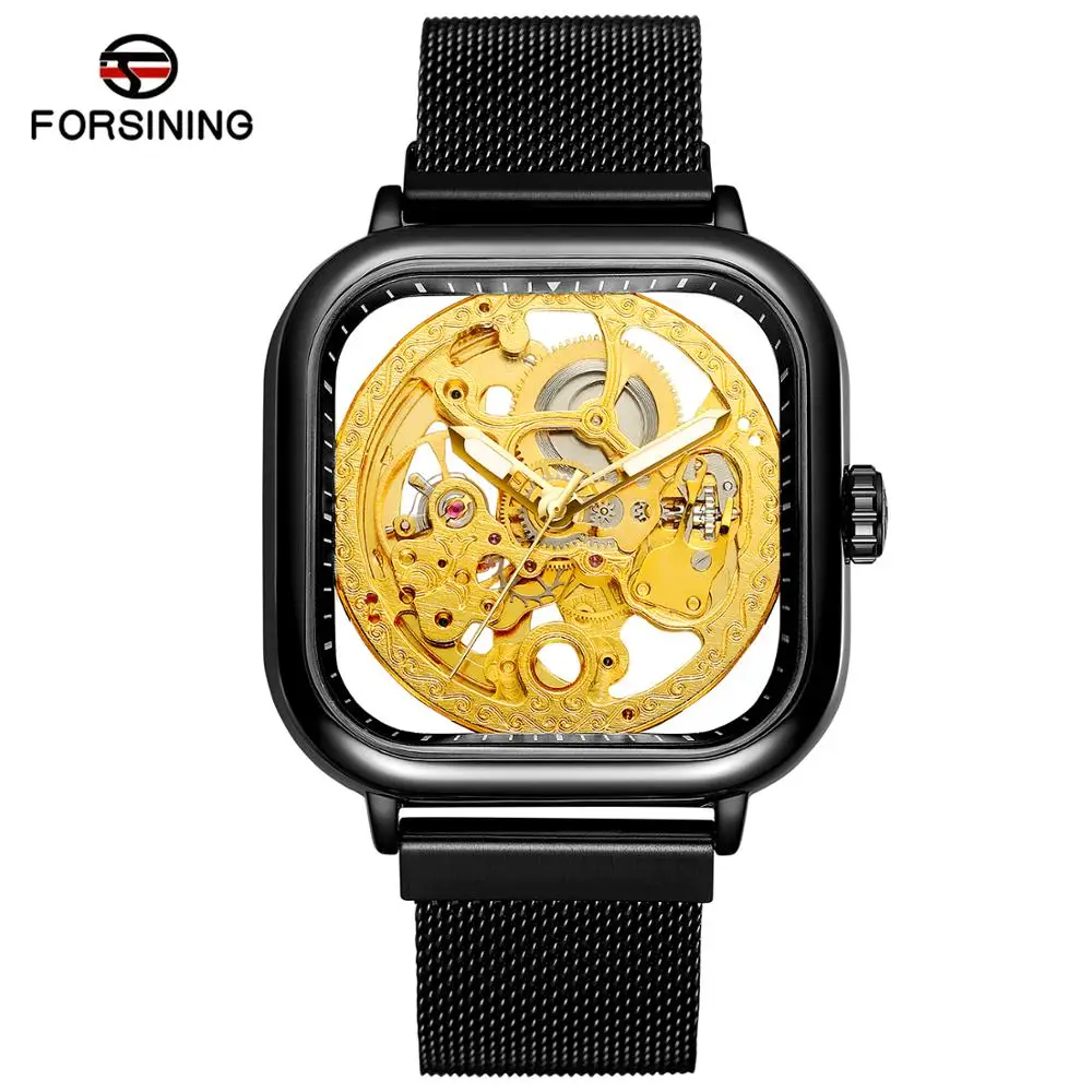 

Forsining NEW Men Mechanical Watches Automatic Self-Wind Golden Transparent Fashion Mesh Steel Wristwatch Skeleton Man Male