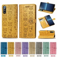 leather wallet flip phone cover cartoon dog and cat patten tpu case for sony xperia 10 1 ii l4 5 ii