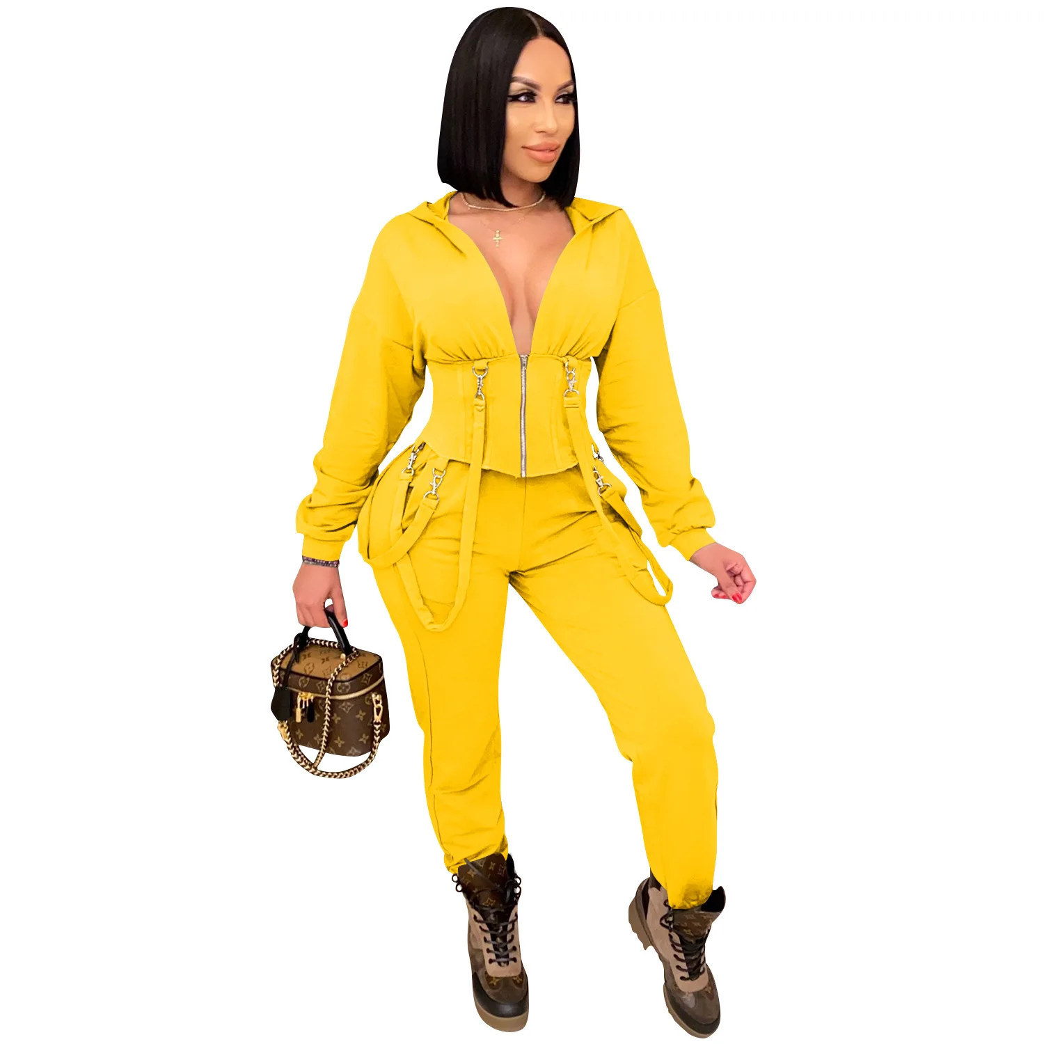 

Cutubly Long Sleeve Women Set Outfits Winter Fashion Solid Casual Two Piece Set Sexy Hooded Overalls Long Pants Set Tracksuit