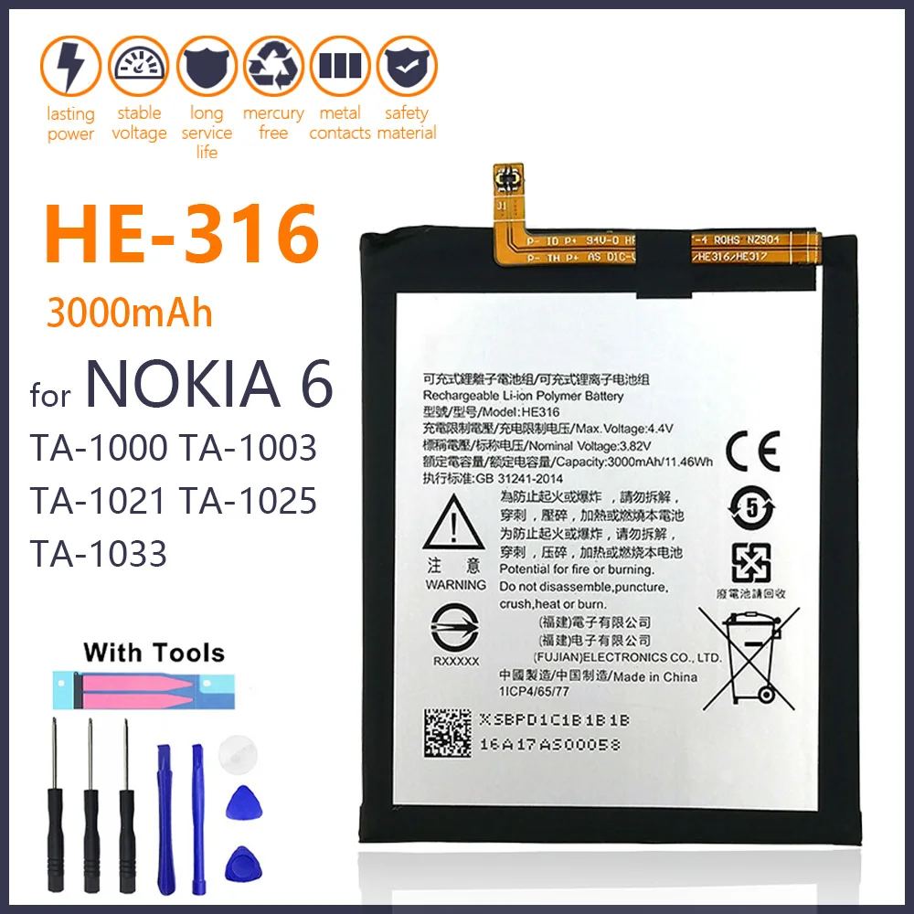 

Аккумулятор HE316 HE-100% 3000 мА · ч для Nokia 6, TA-316, TA-1000, TA-1003, TA-1021, TA-1025, высококачественный аккумулятор с инструментами