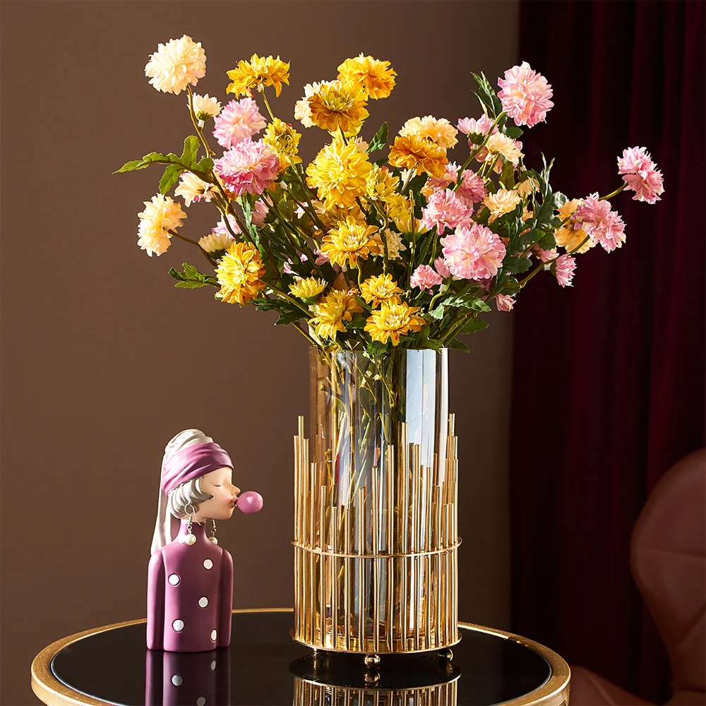

Creative Nordic Metal Iron Geometric Glass Gold Vase Living Room Decoration Flower Arrangement Modern Home Decoration Vases