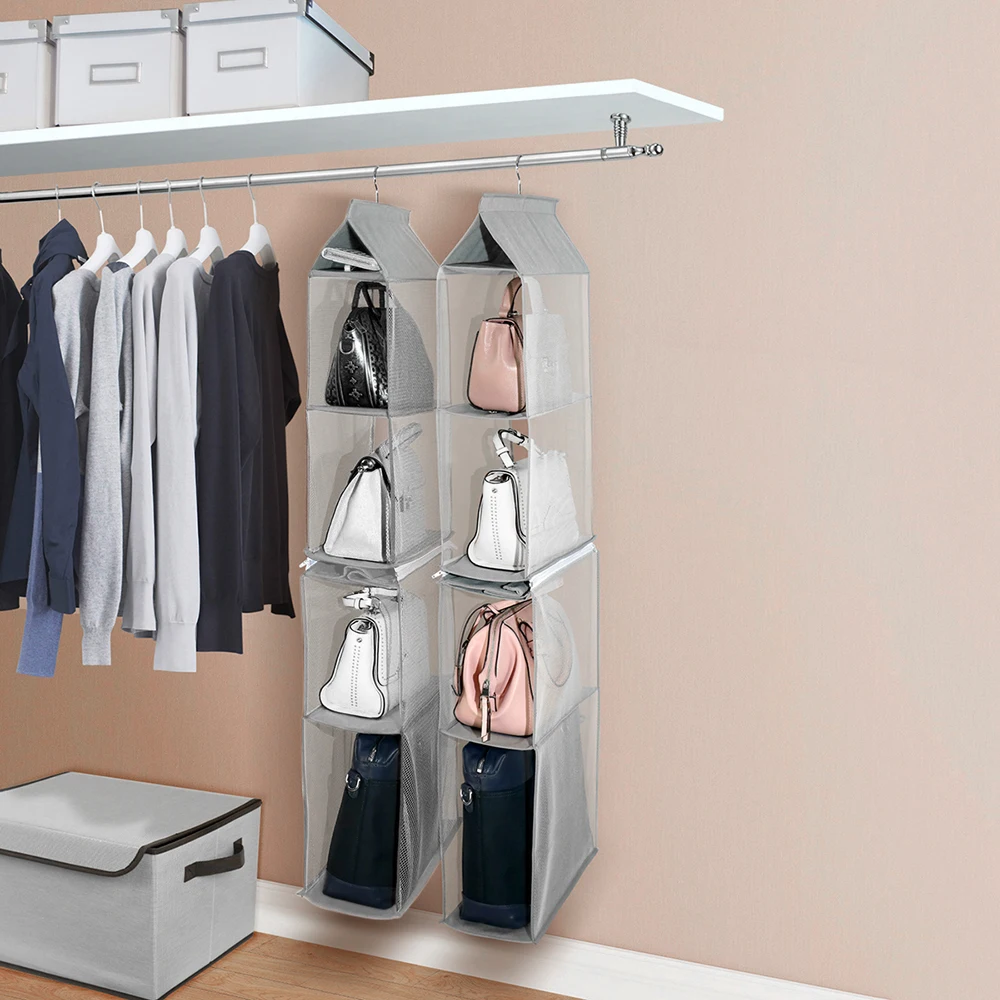 

New 4-Tiers Non-woven Detachable Closet Bags Organizer Handbags Hanging Shelf Collapsible Clothing Accessories Storage Holder