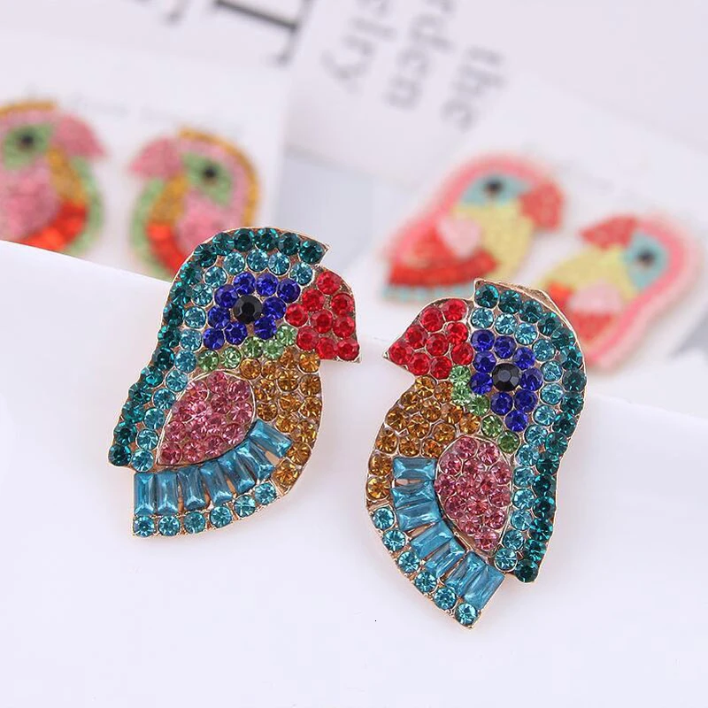 Новые эффектные Кристальные серьги в виде попугая для женщин стразы цвета радуги