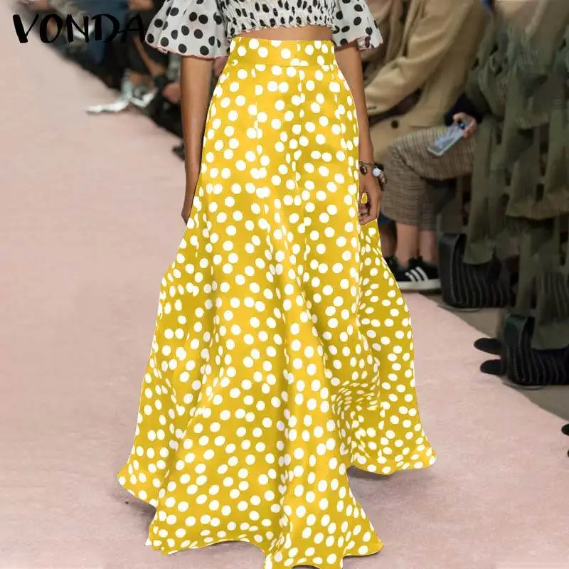 

Summer Skirts VONDA 2021 Women High Waist Vintage Polka Dot Skirts Ruffled Hem Pleated Baggy Skirt Loose Streetwears