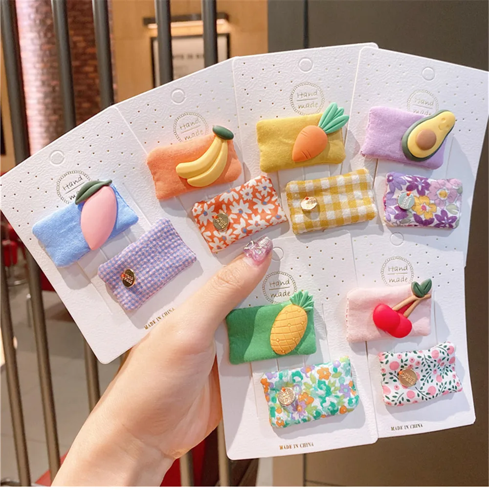 

Korean Handmade Fabric Cartoon Fruits Plaid Flower BB Hairpins Hair Clips Children Girl Kids Head Wear Set Accessories Wholesale