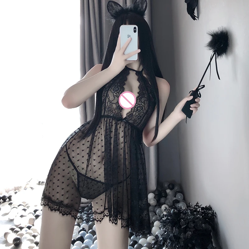 

Woman Sleepwear Set Transparent Mesh Lace Pajama Dress Sexy Nightwear Night Dress Underwear Halter Backless Slit Erotic Lingerie