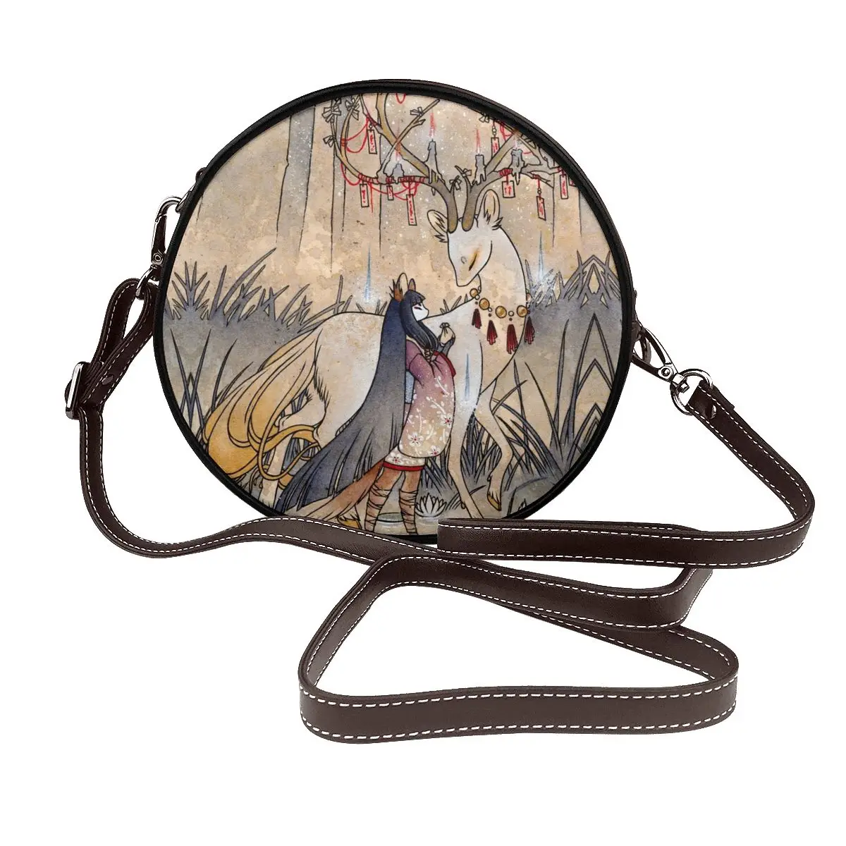 

The Wish Tea Kitsune Fox Yokai Shoulder Bag Japanese Love Streetwear Leather Round Bag Student Fashion Aesthetic Purse