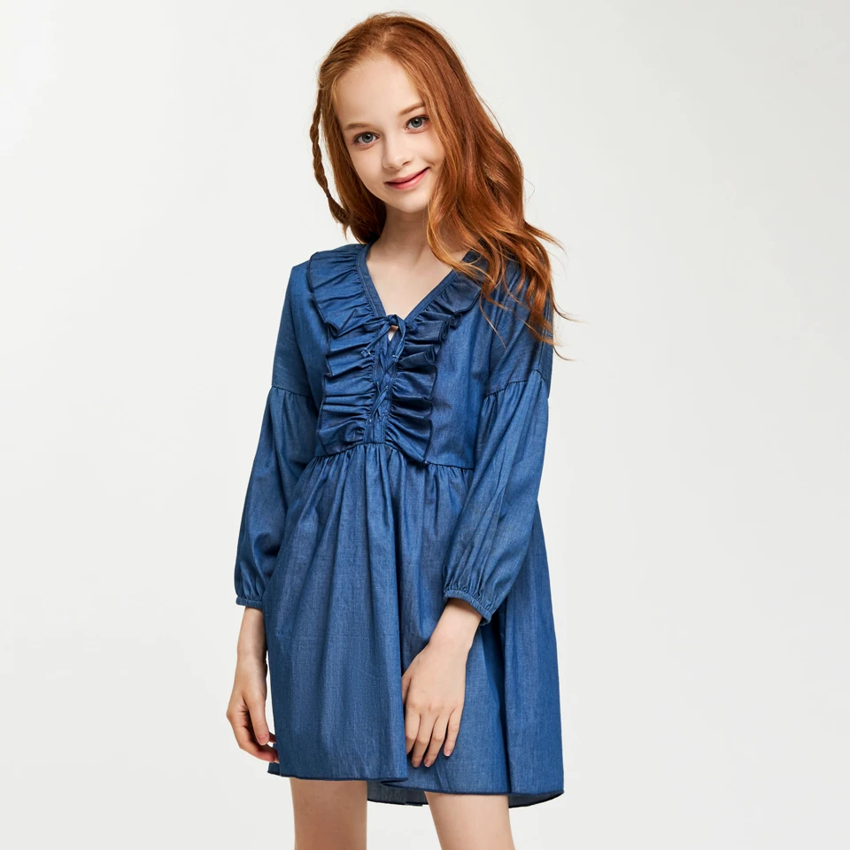 CupofSweet Ruffled Front Cropped Sleeves Denim Dress Shirt Girls Kids Clothing 2019 Fashion Long Casual Kid Girl Dresses | Детская