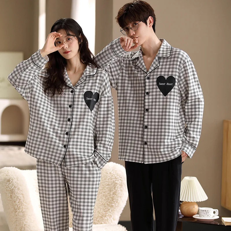 

Couple Plaid Cardigan&Pant 2PCS Pajamas Suit Spring Autumn New Cotton Home Wear Casual Sleepwear Lovers Loose Nightwear M-XXXL