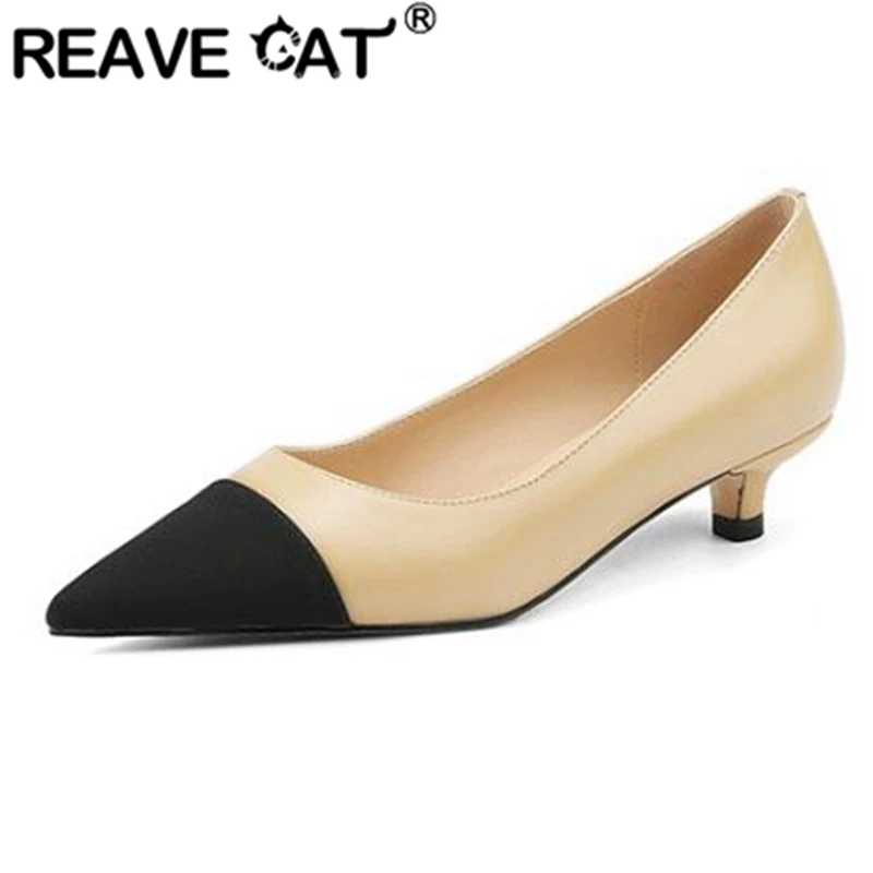 

REAVE CAT Woman Shoes Pumps Pointed Toe Thin Heels Cow Leather Slip on Size 34-40 Mix Color Beige Apricot Elegant Spring S2842