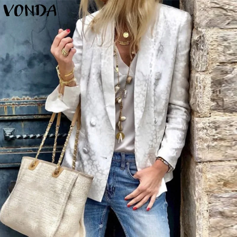 

Women Elegant Blazer 2022 VONDA Printed Long Sleeve Lapel Collar Suit Blazers Casual Pleated Button Up Coats With Pocket Femme