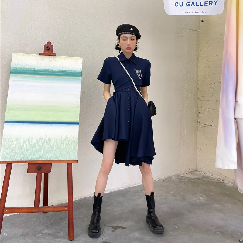 

Kimotimo Vintage Preppy Style Dress Women Temperament Turn-down Collar Short Sleeve Irregular Design A-Line Dress 2021 Summer