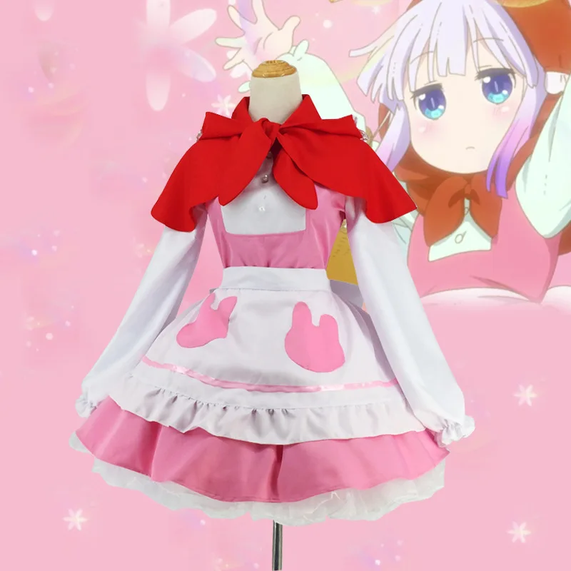 

Anime Miss Kobayashi's Dragon Maid Kanna Kamui Cosplay Lolita Costume Suit Red Cape Pink Dress The Little Match Girl Version Set