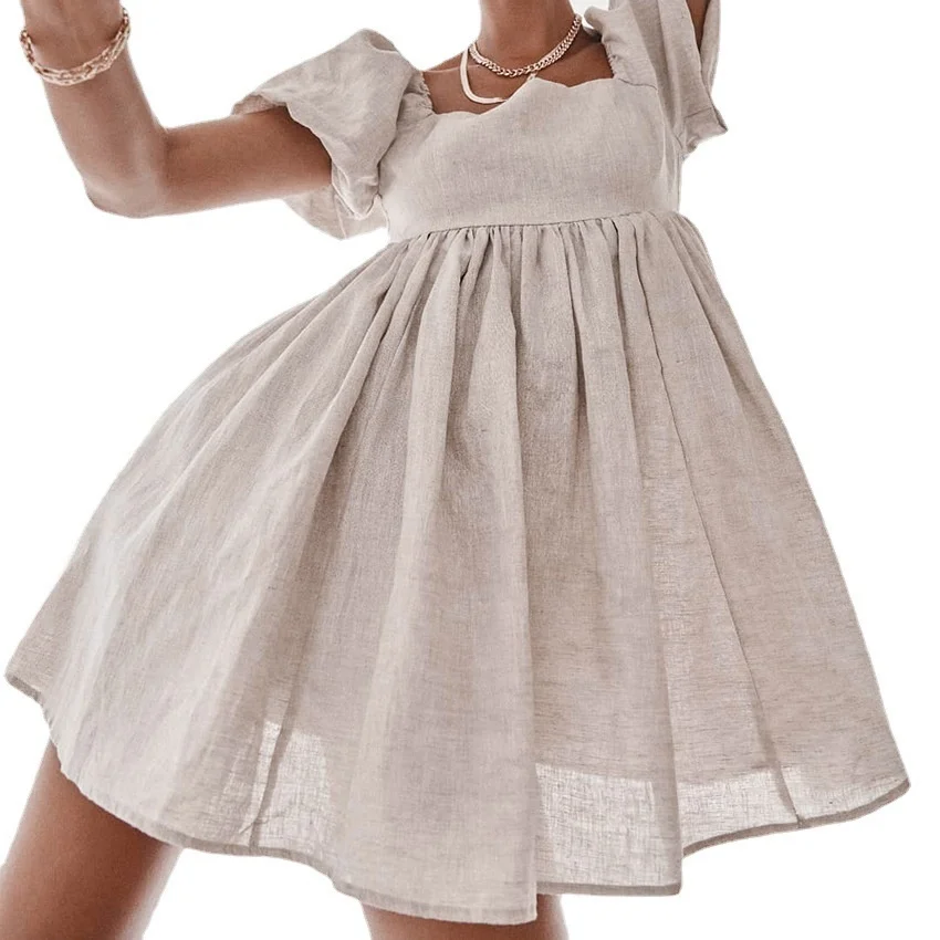 

Women Vintage Lantern Sleeve Hemp A-line Party Dress Short Sleeve Collar Solid Casual Mini Dress 2021 Summer New Dress