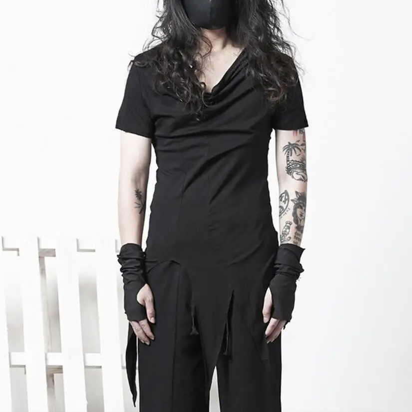 

Men nightclub asymmetric t shirt singer punk hiphop stage costume mens gothic style hip hop streetwear slim fit tee shirts tops