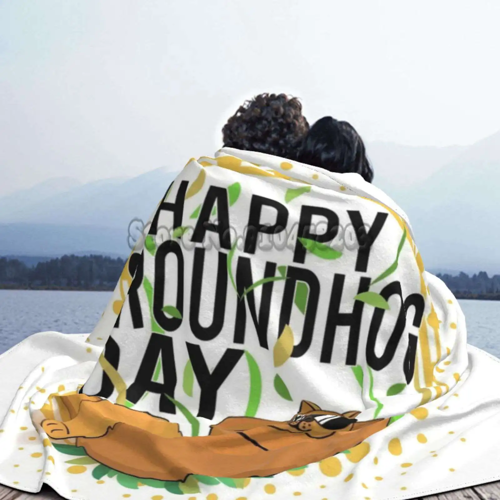 Happy Groundhog Day Design With Cute Lies On Leaves Hand Behind Head Other All Sizes Soft Cover Blanket Home | Дом и сад