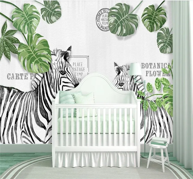 Настенные обои на заказ в скандинавском стиле ручная роспись Зебра Дерево