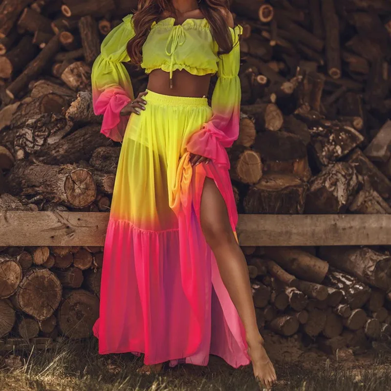 

2021 Women Beach 2pcs Bikini Cover-Ups Swimsuit Off Shoulder Top+ High Waist Dresss Sexy Ladies Swimming Cover Up Bathing Suit