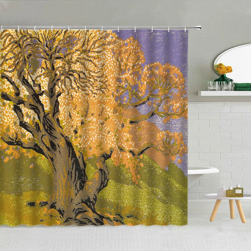

Retro European Folk Scenery Oil Painting Shower Curtain Mountain Green Trees Waterproof Fabric Bathroom Decor Hooks Curtains