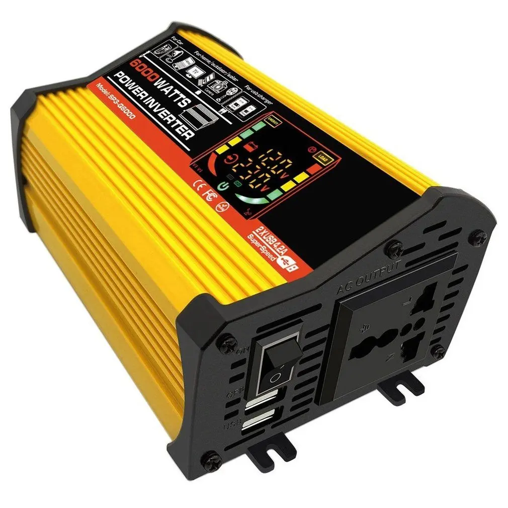 

2020 Hot Car Conversion Inverter LED Display Dual USB Yellow 6000W Inverter 12V-220V Multiple Protection